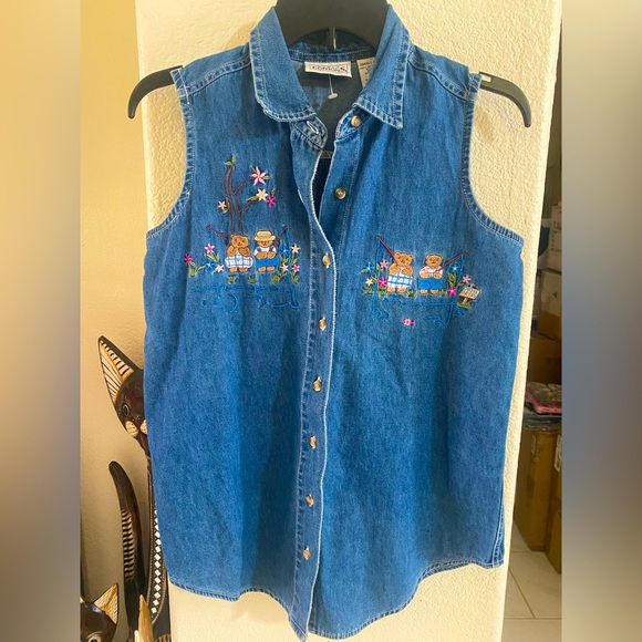 NWOT - Vintage 90’s Basic Editions: Blue Denim Bear Family Fishing  , Size Small - Picture 1 of 8